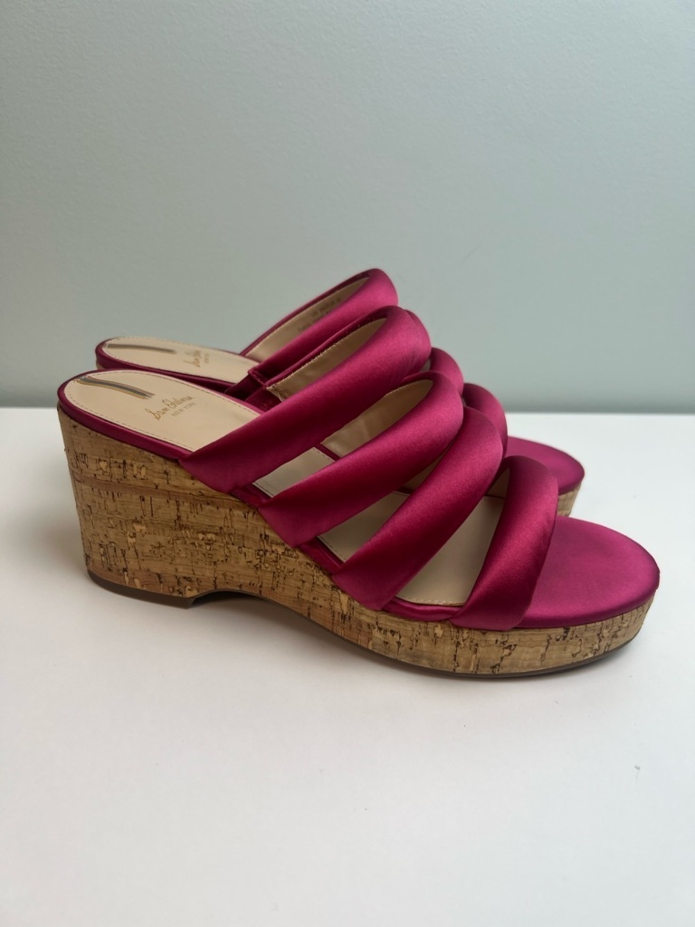 Sam Edelman Fuchsia Satin Cork Wedge Slide Sandals Size 9 Pink Slip On New